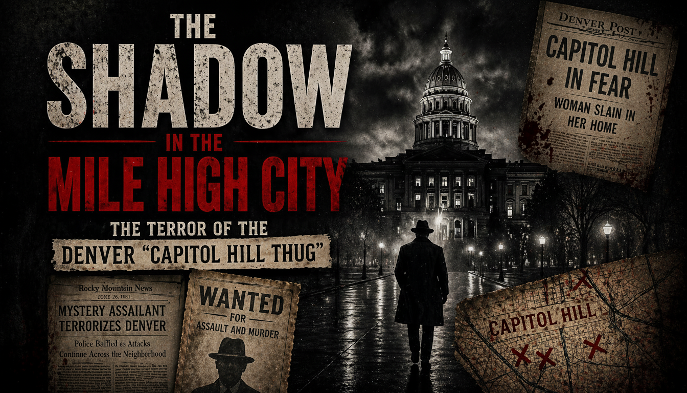 Historical illustration of the Capitol Hill Thug unsolved crime case in Denver 1900, showing a shadowy figure in a vintage urban setting.